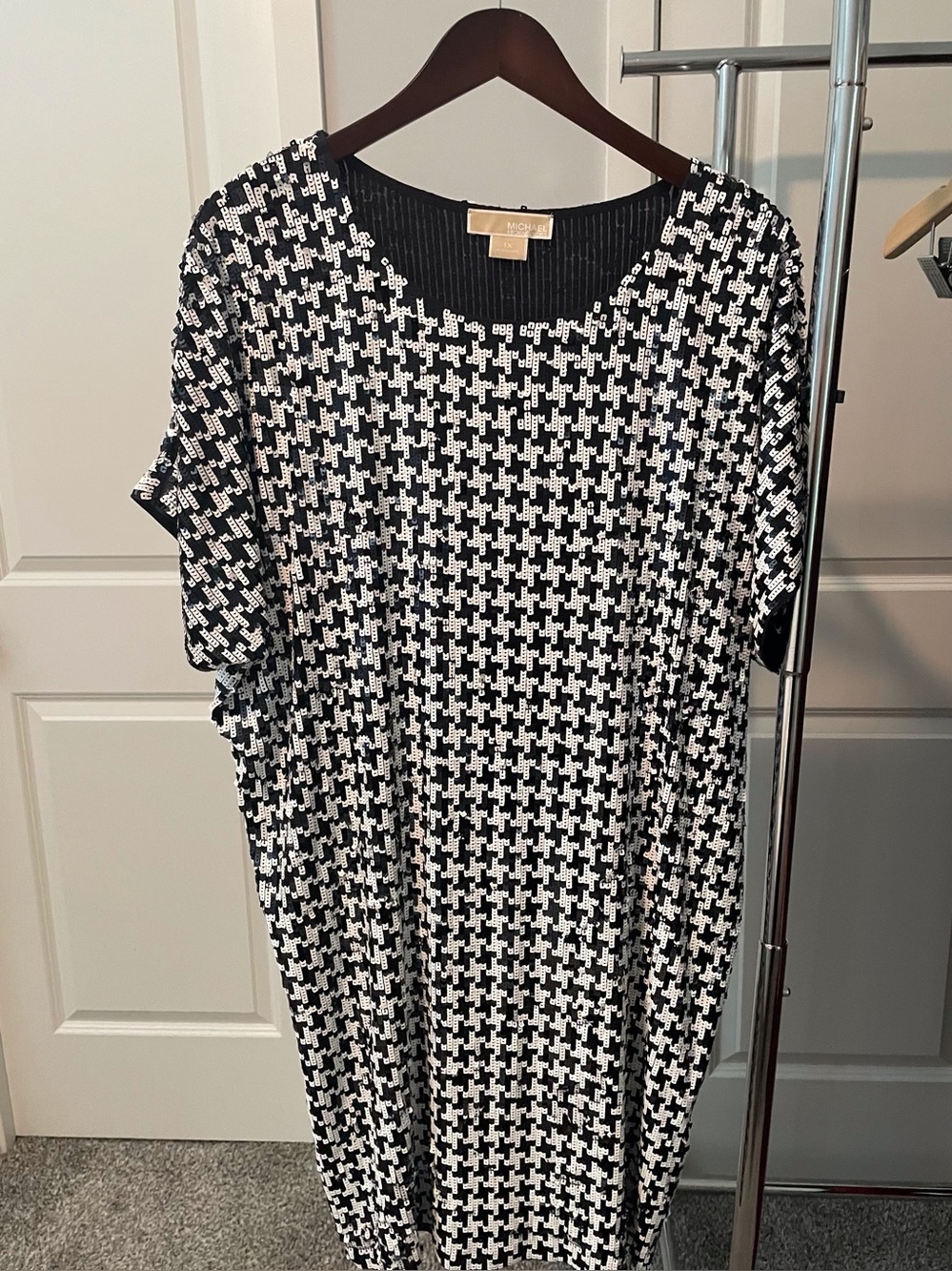 Michael Kors Blue and White Houndstooth Sequins Dress